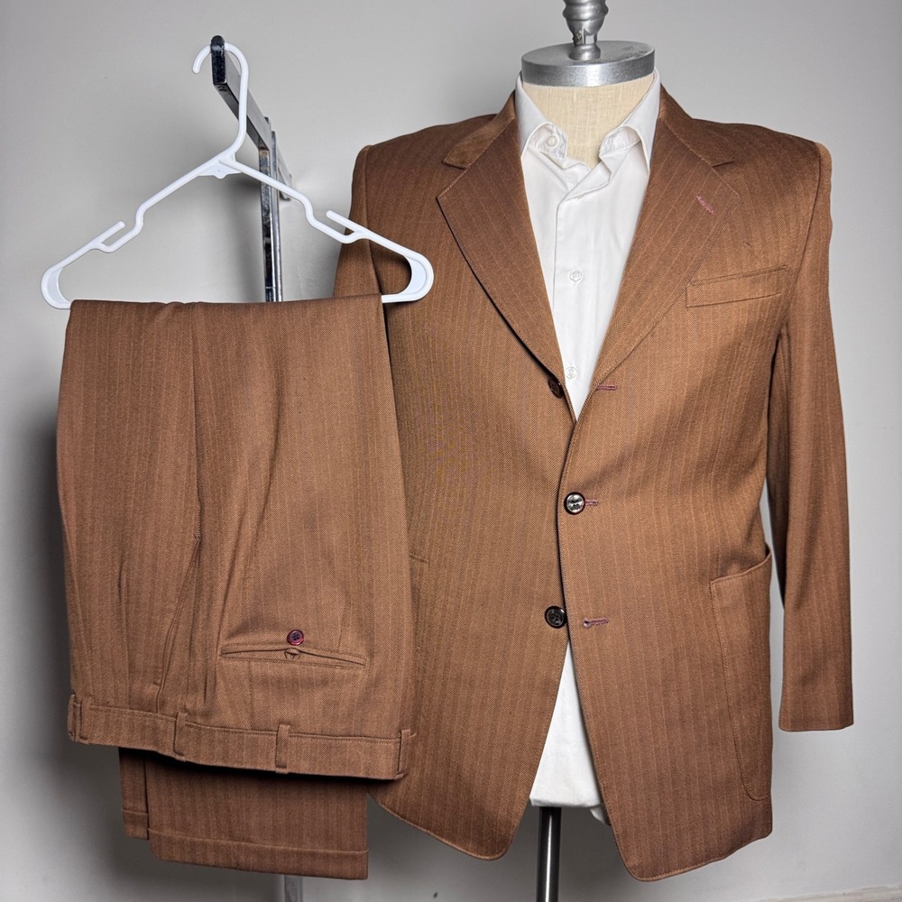 Custom Tailor Suit Mens 40R 34W Brown Herringbone Vintage 3-Button Wool Blend